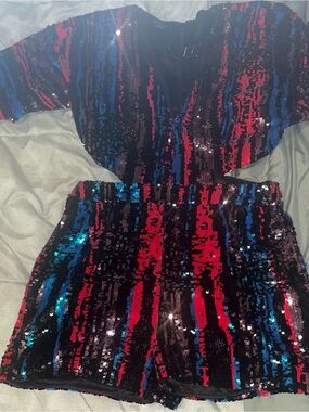 bebe Black Sequin Jumpsuit with Red & Blue Stripes